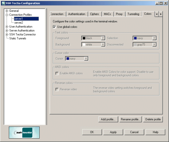 Defining SSH Tectia Client terminal colors