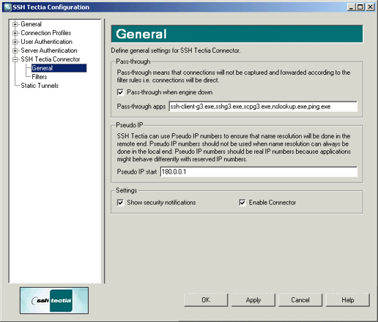 Defining general settings for SSH Tectia Connector