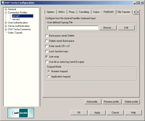 Defining SSH Tectia Client keyboard settings