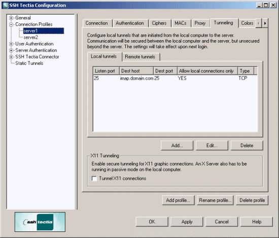 Defining SSH Tectia Client tunneling