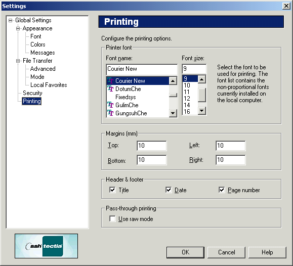 The Printing page of the Settings dialog