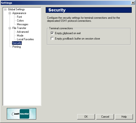 The Security page of the Settings dialog