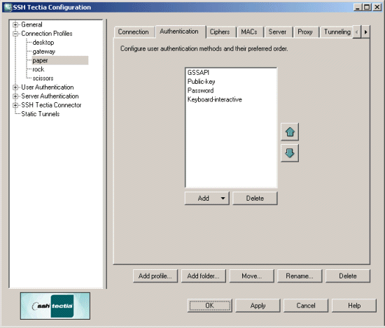 Configuring authentication methods for the profile