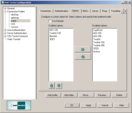 Defining a cipher list for the profile