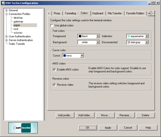 Defining SSH Tectia Client terminal colors