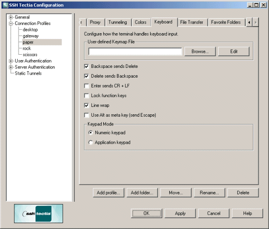 Defining SSH Tectia Client keyboard settings