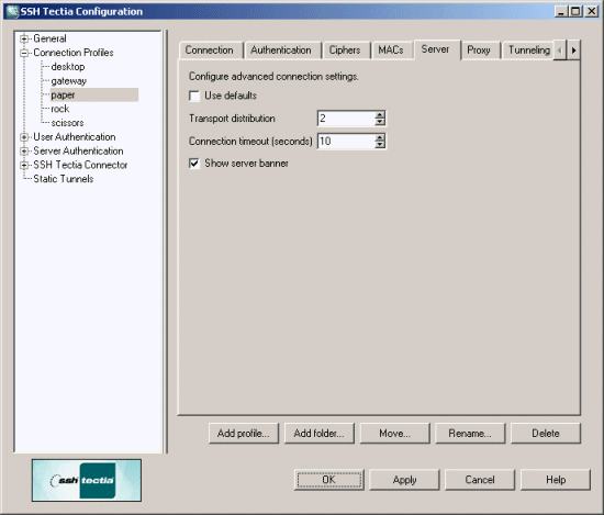 Defining server connection settings for the profile