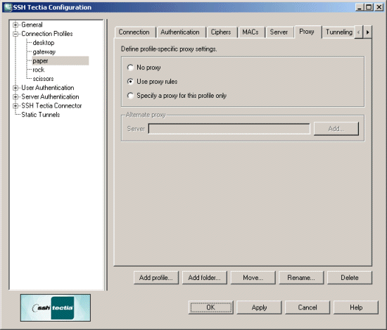 Defining proxy settings for the profile