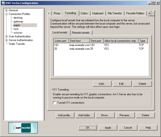 Defining SSH Tectia Client tunneling