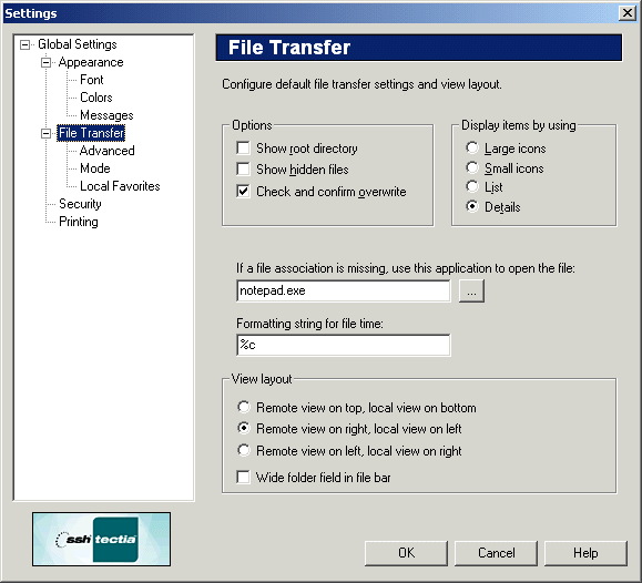 The global File Transfer page of the Settings dialog