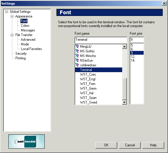 The Font page of the Settings dialog