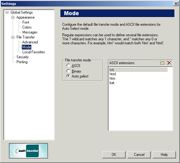 Selecting the file transfer mode