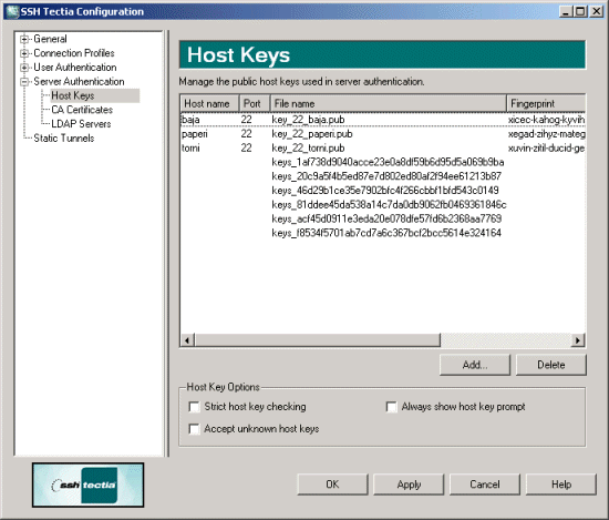 Defining server host keys settings