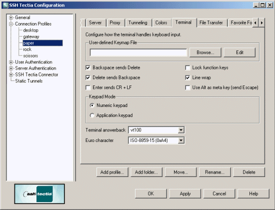 Defining SSH Tectia Client terminal settings