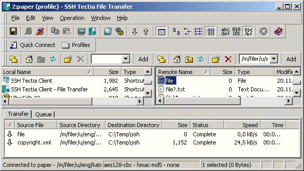 The SSH Tectia Client File Transfer window