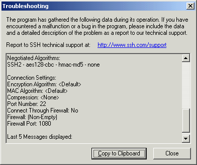 The Troubleshooting dialog