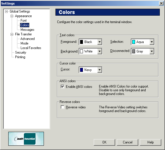The Colors page of the Settings dialog