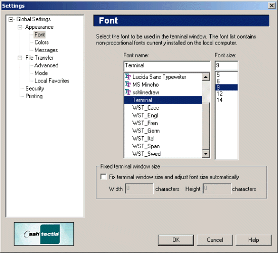 The Font page of the Settings dialog