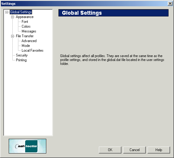The Global Settings page of the Settings dialog