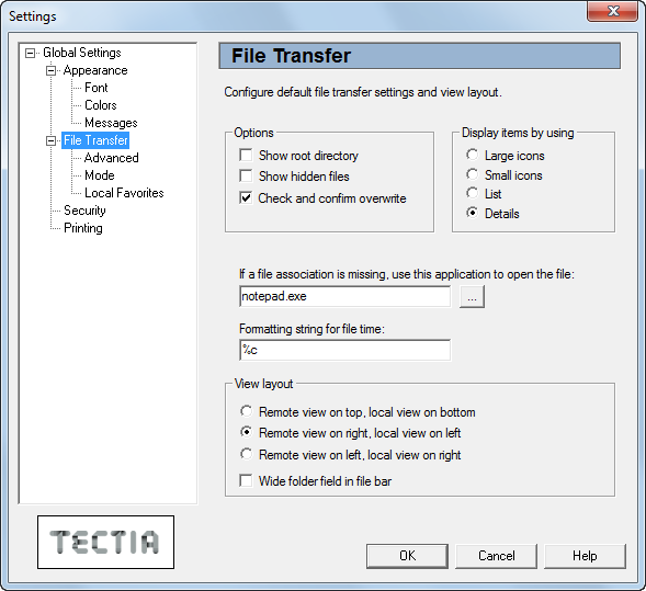 The global File Transfer page of the Settings dialog