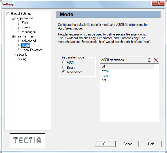 Selecting the file transfer mode