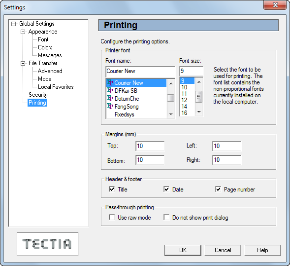 The Printing page of the Settings dialog