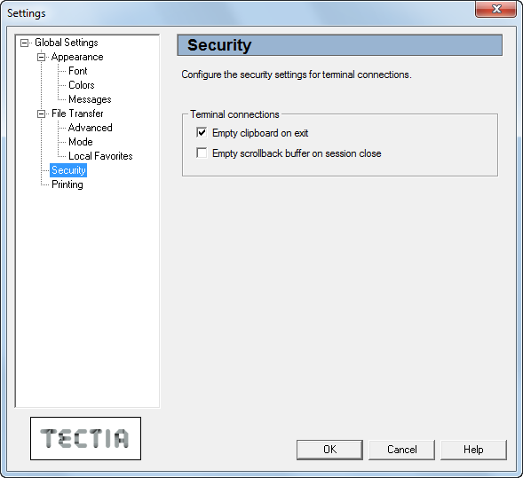 The Security page of the Settings dialog