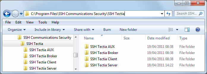 The Tectia directory structure on Windows