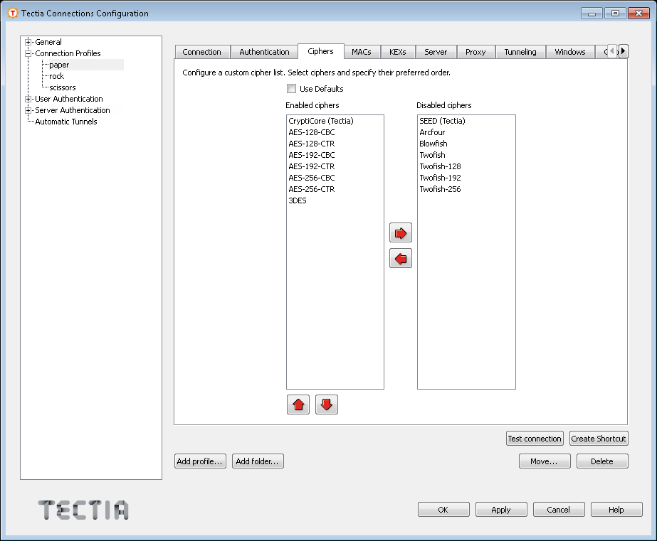 Defining a cipher list for the profile