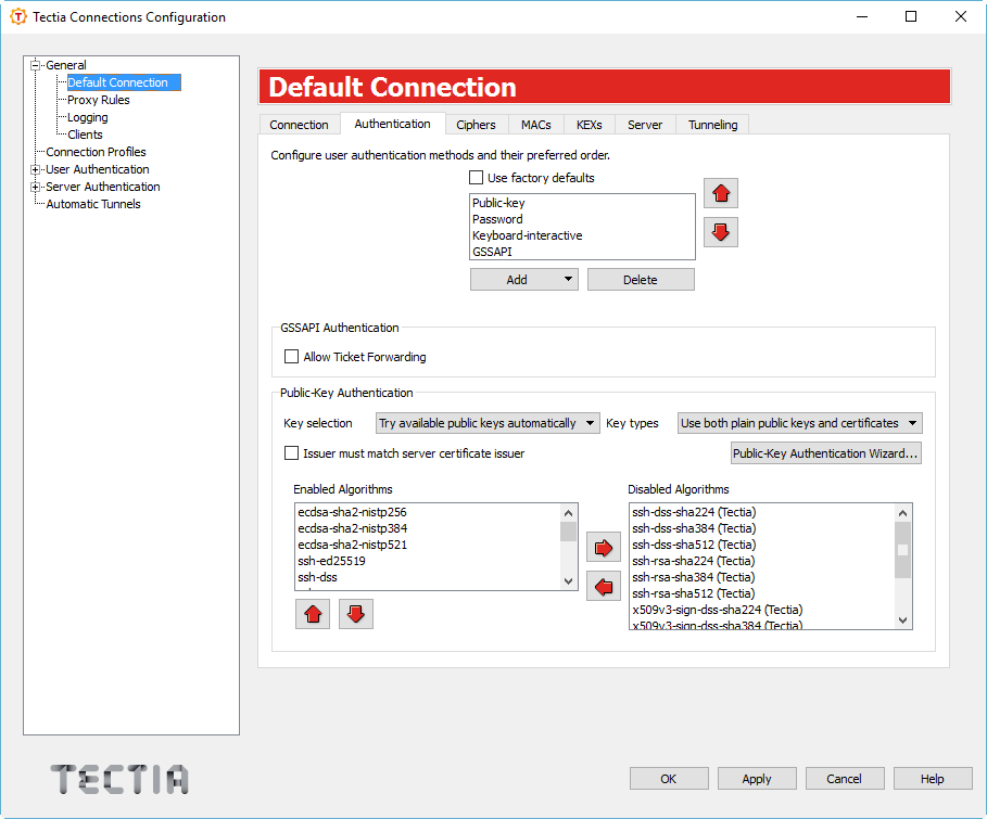 Authentication methods for Tectia Client
