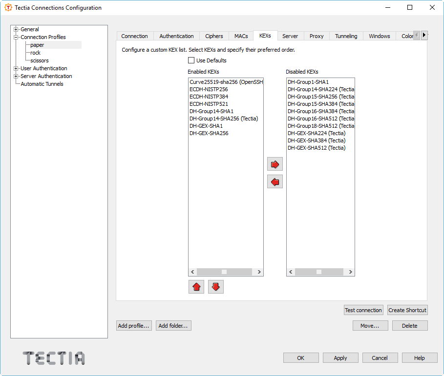 Defining a KEX list for the profile
