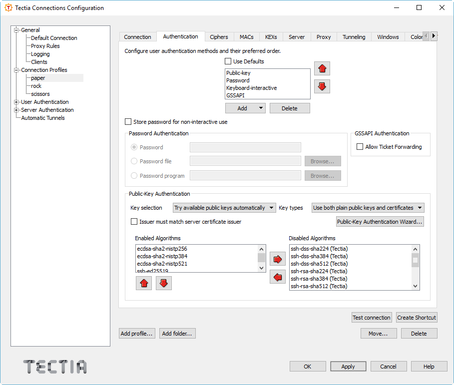 Configuring authentication methods for the profile