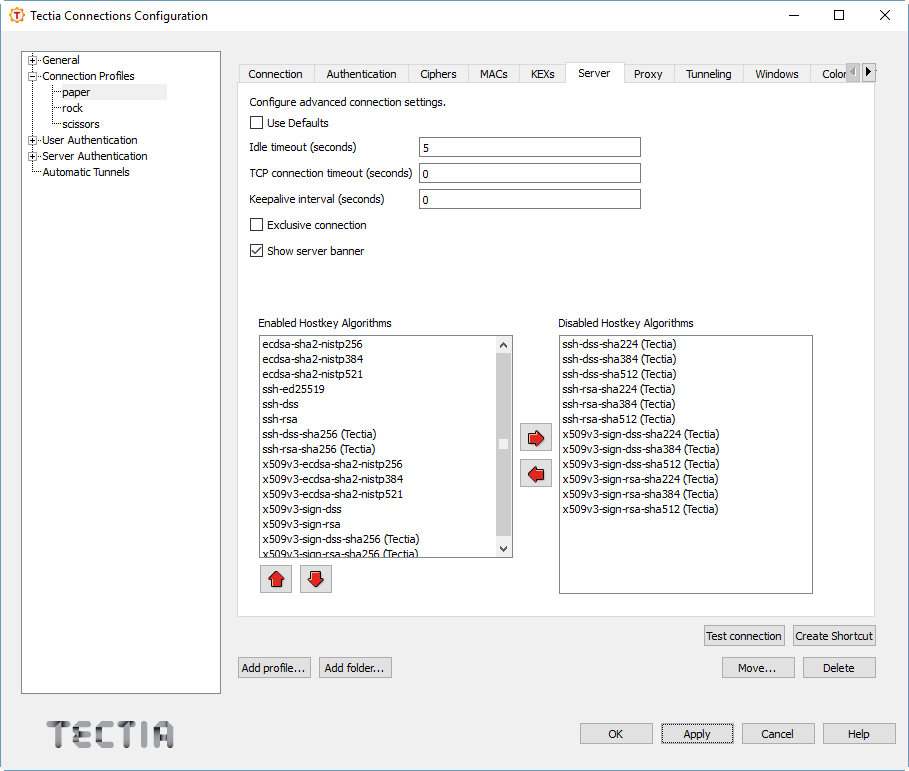Defining server connection settings for the profile