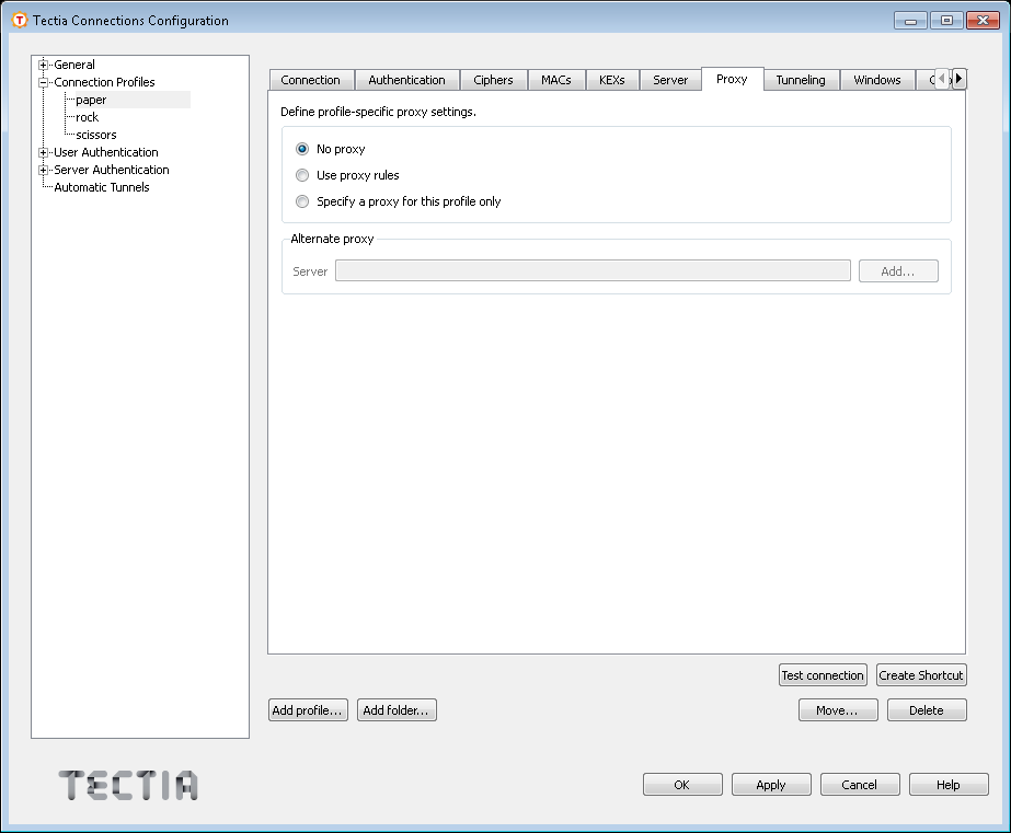 Defining proxy settings for the profile