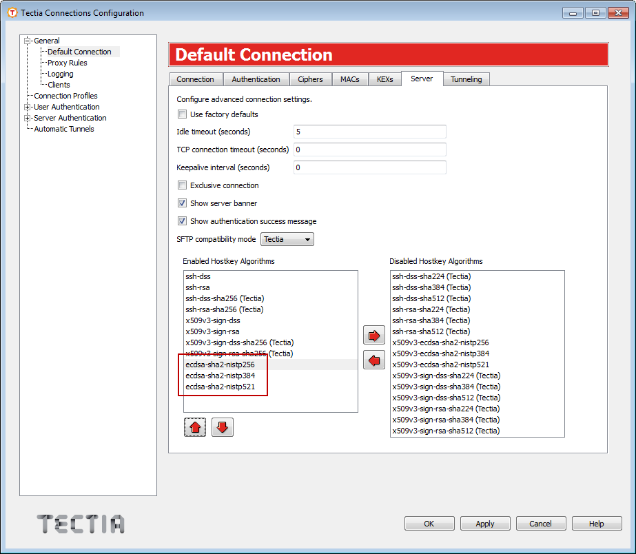 Enabling elliptic curve host-key algorithms for Tectia Client