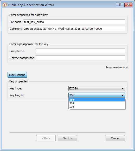 Creating an ECDSA key using the Public-Key Authentication Wizard