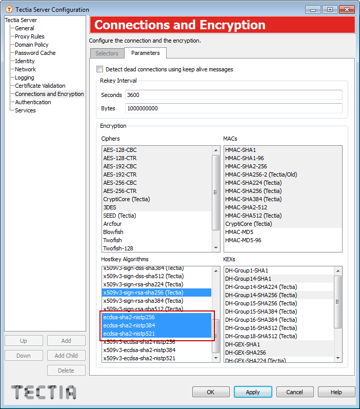 Enabling elliptic curve host-key algorithms for Tectia Server