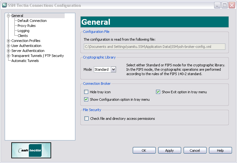 SSH Tectia Configuration GUI - General settings view