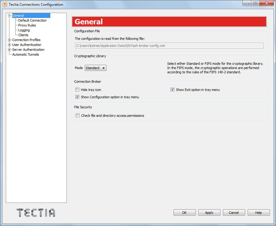 Tectia Connections Configuration GUI - General settings view