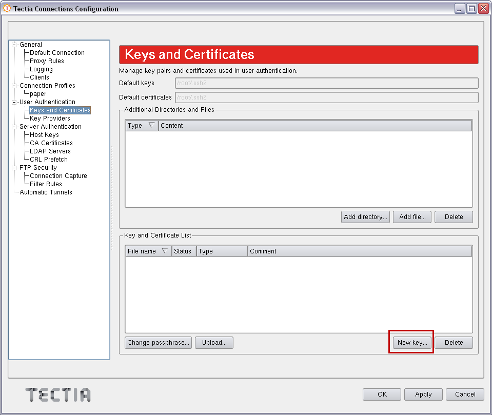Tectia Connections Configuration GUI, Keys and Certificates view