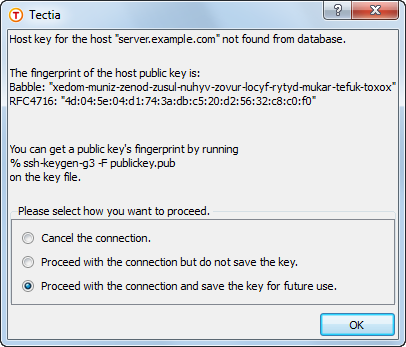 The host identification dialog – the first connection to a remote host