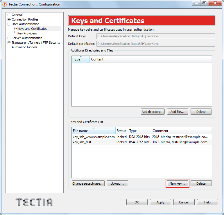 Tectia Connections Configuration GUI, Keys and Certificates view