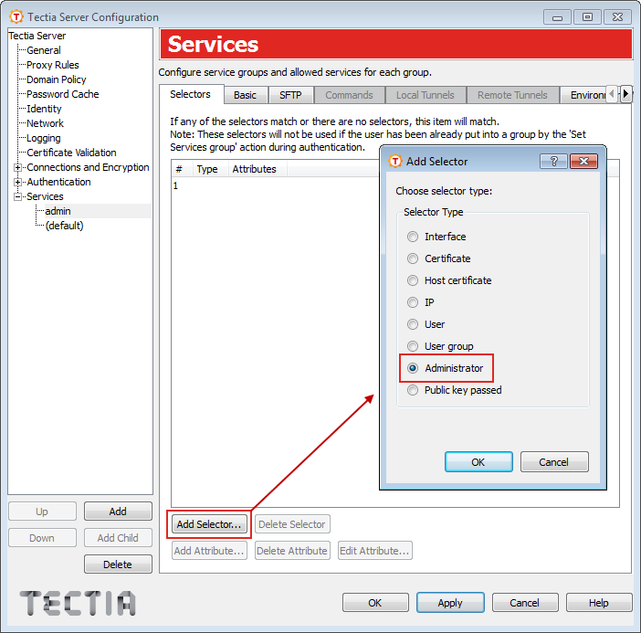 Define the group selector as administrator