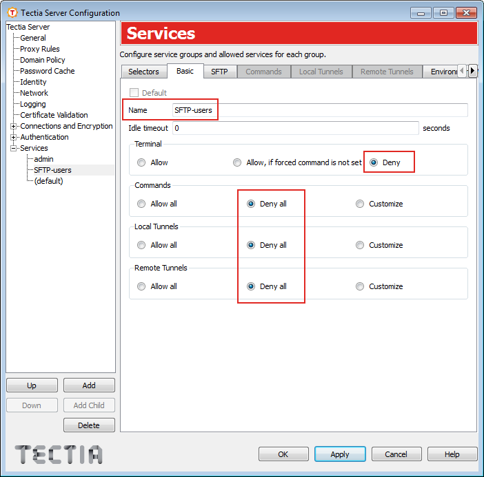 Name the group 'SFTP-users' and deny all services
