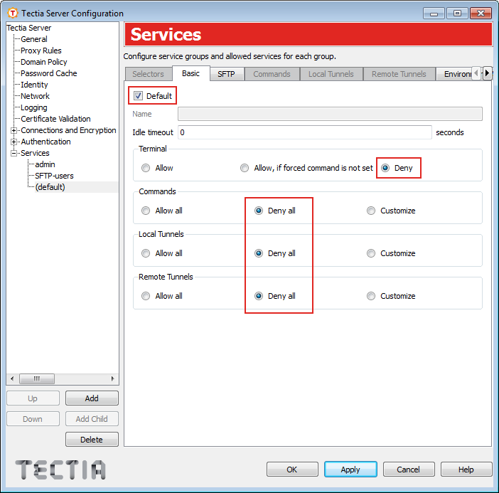All services denied from default groups