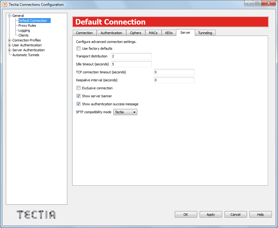 Defining server connection settings