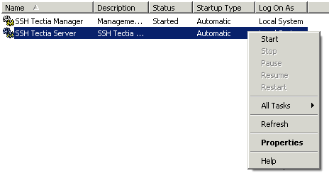 Starting and stopping SSH Tectia Server from the Windows Services console