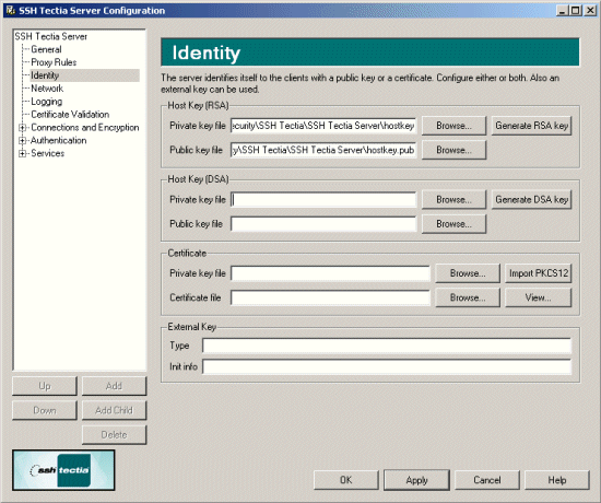 SSH Tectia Server Configuration - Identity page