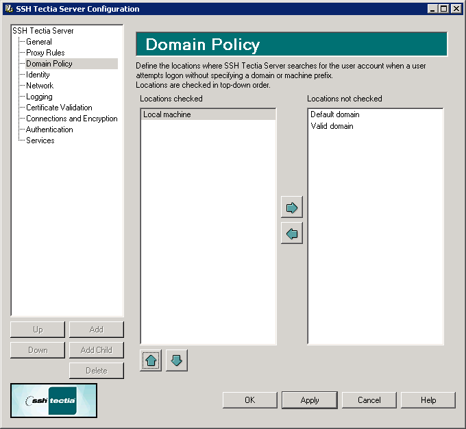 SSH Tectia Server Configuration - Domain Policy page