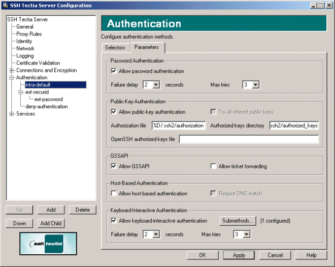SSH Tectia Server Configuration - Authentication page - Parameters tab